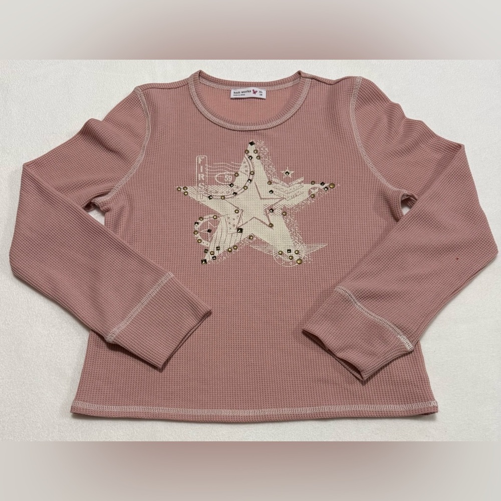 Knit Works Girls XL (16) Dusty Rose Waffle Knit Thermal Shirt With Star - NWT